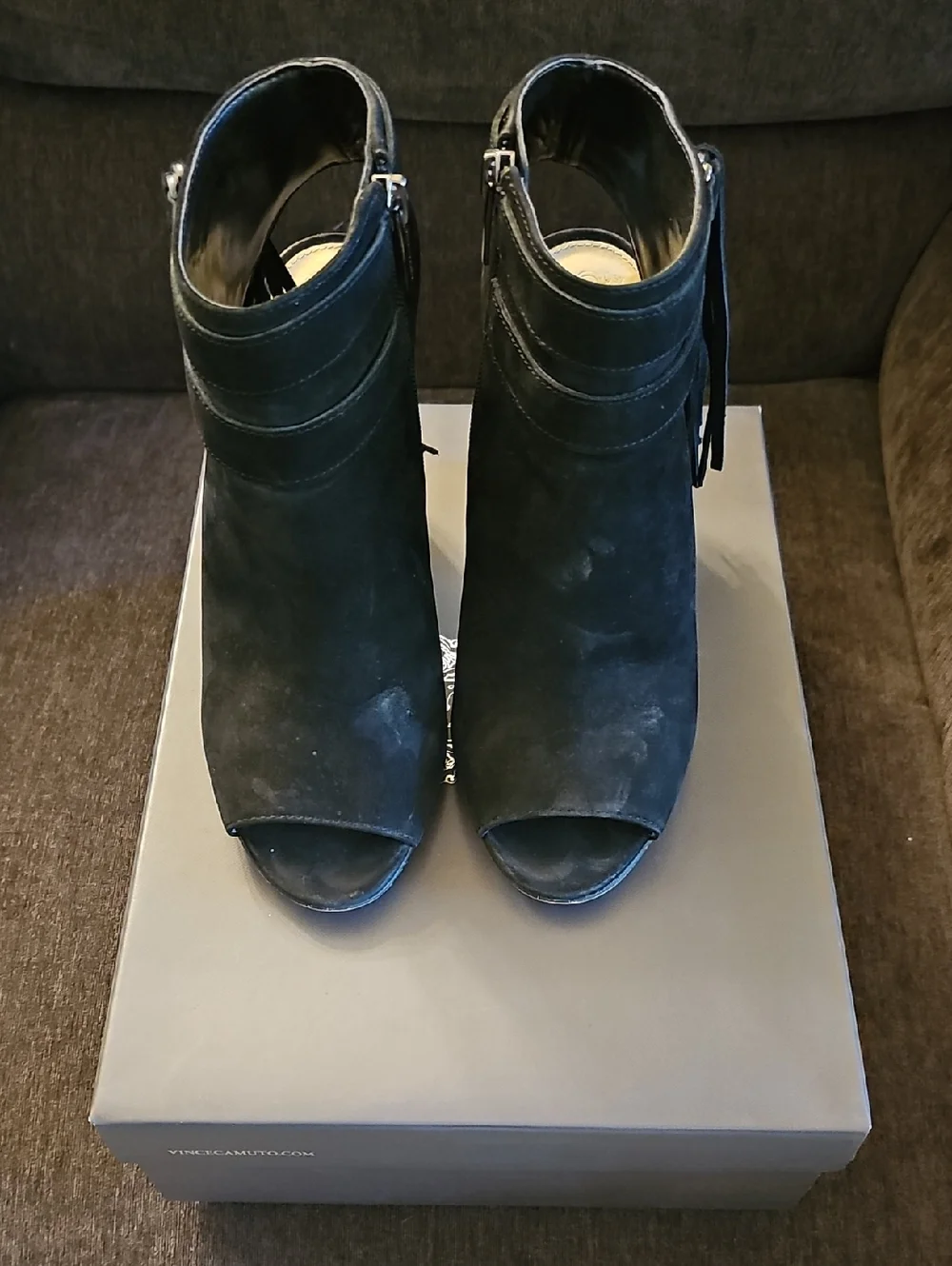 Vince Camuto Catinca Black Suede Peep-Toe Block Heel Sandals with Tassel Straps
